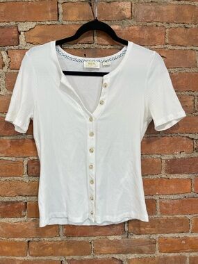 Maeve by Anthropologie White Ribbed Button-Front Short Sleeve Top | size M